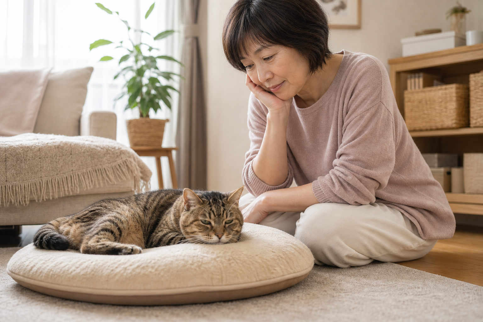 シニア猫の様子をやさしく見守る飼い主