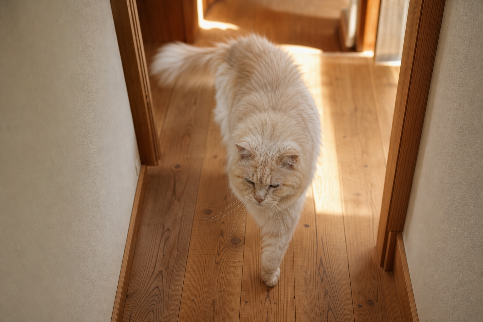 廊下をゆっくり歩くシニア猫