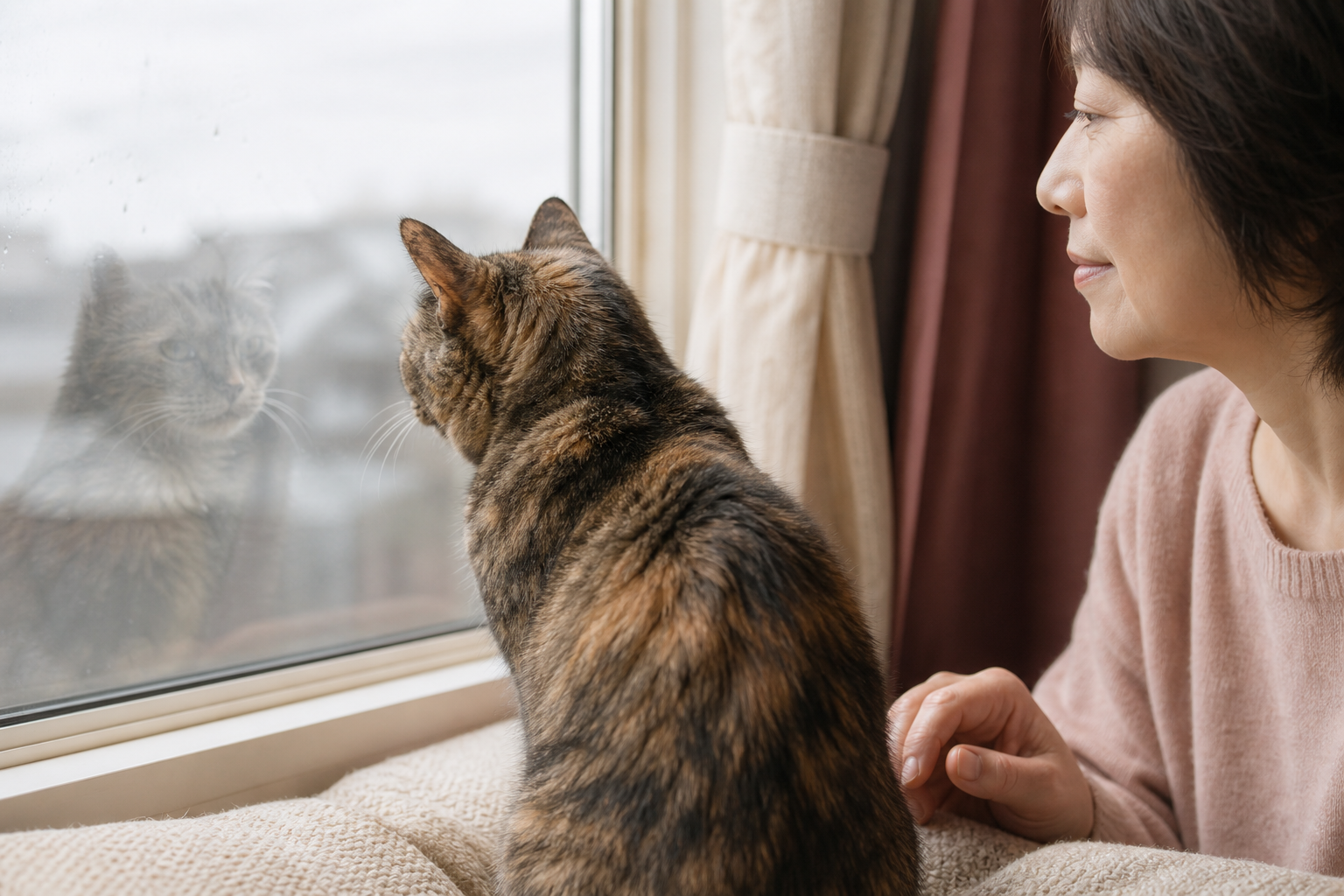 窓辺で飼い主と過ごすシニア猫