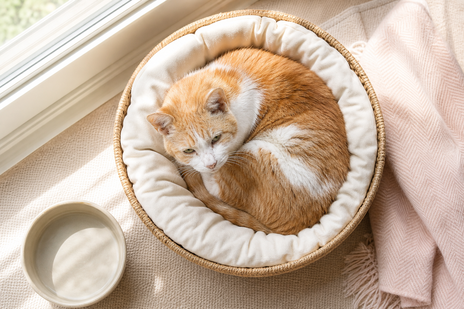 日だまりのベッドで眠るシニア猫