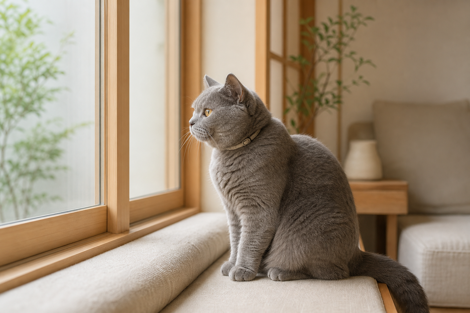窓辺に座る首輪をつけたシニア猫