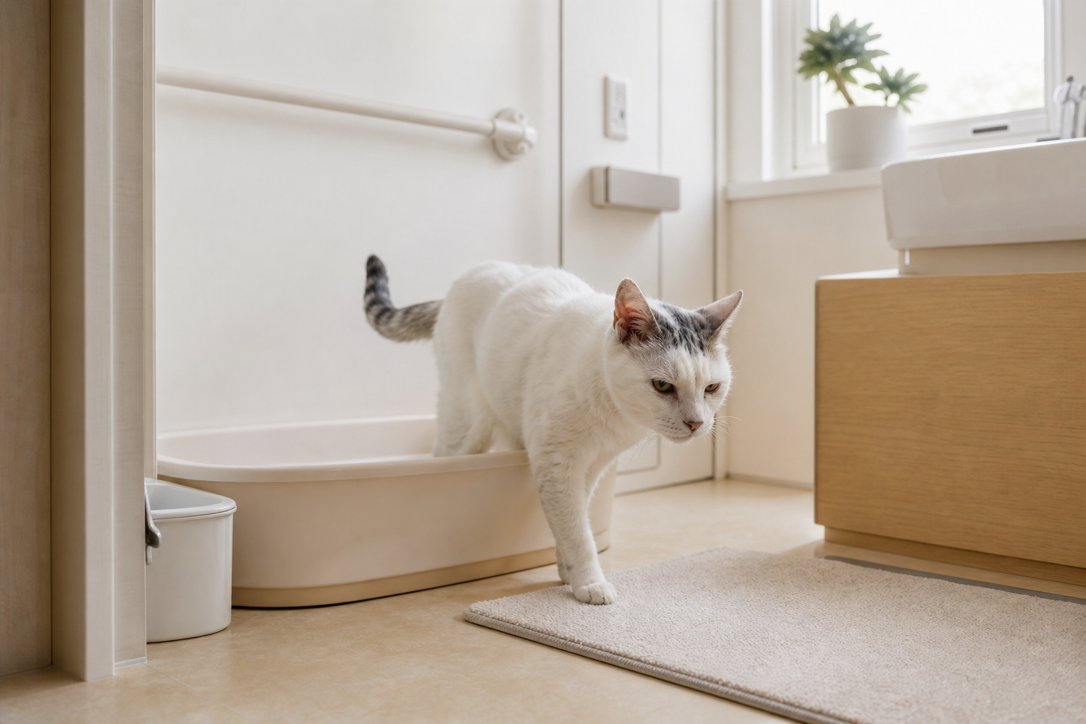 猫トイレから出るシニア猫