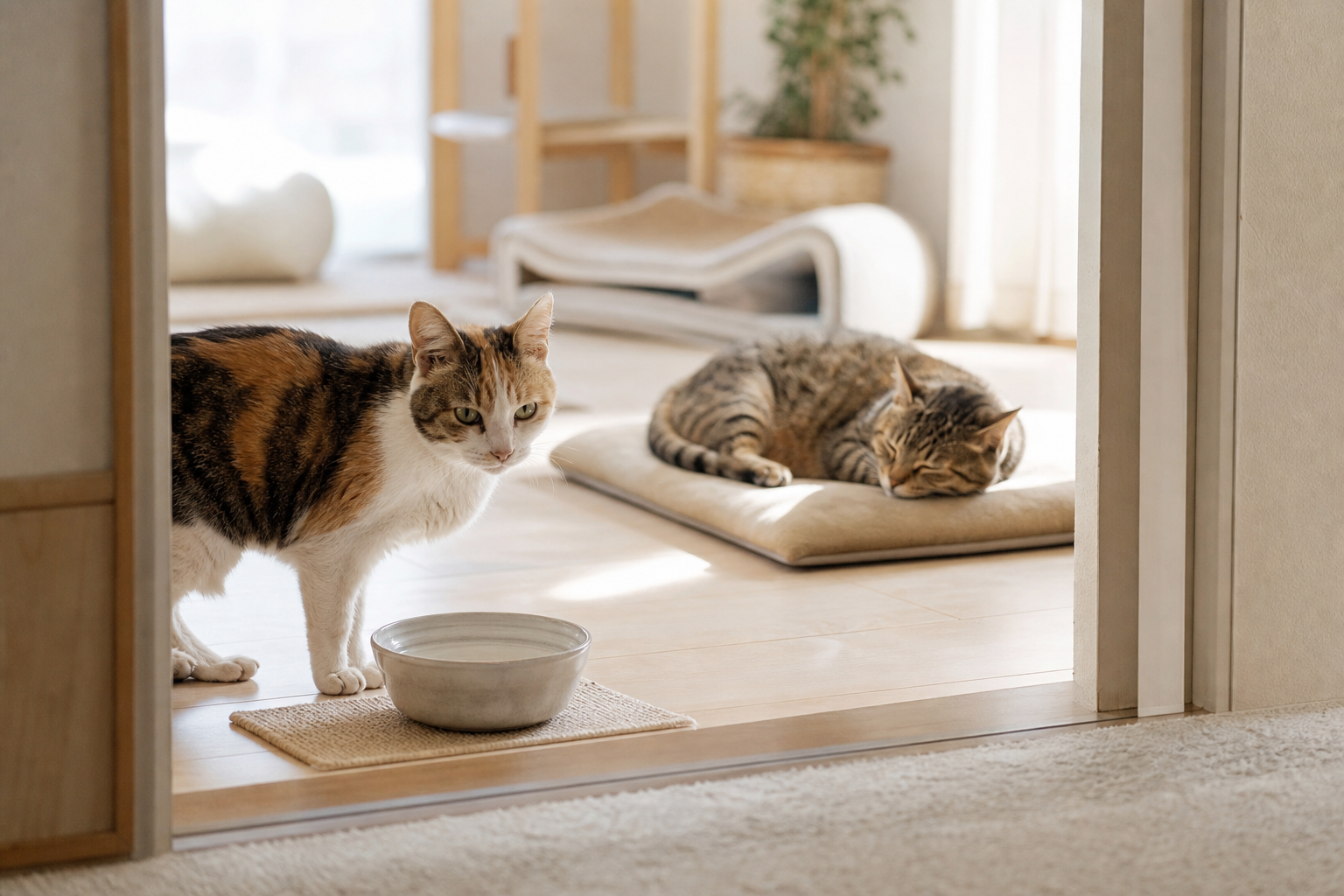 同じ家でそれぞれに過ごす二匹のシニア猫