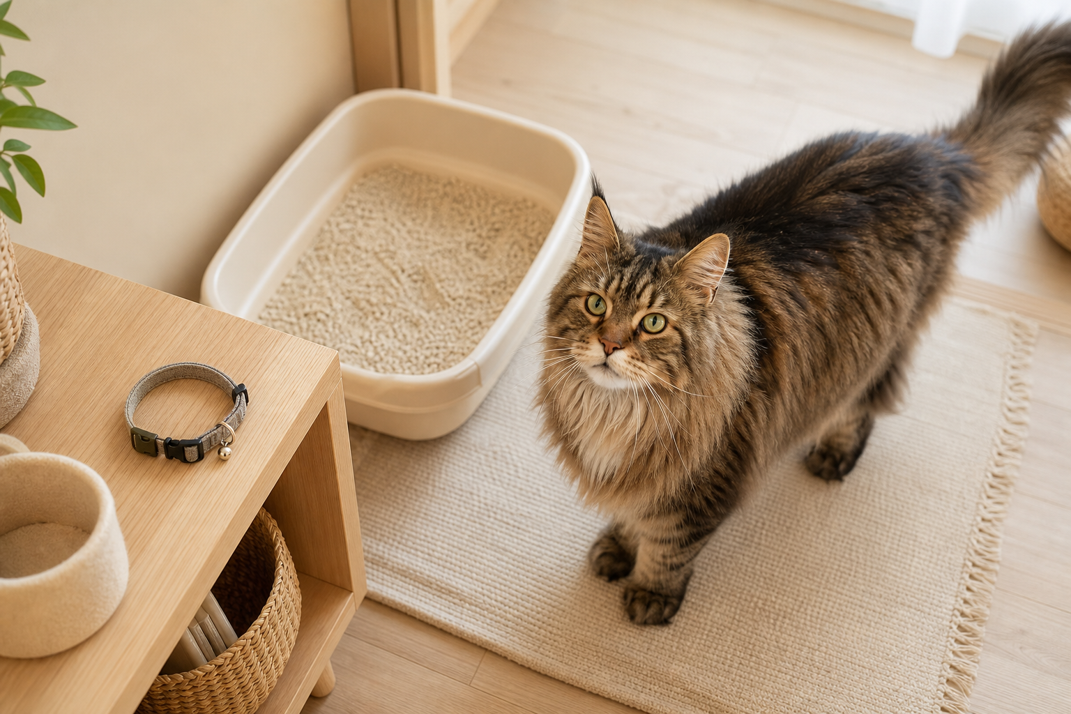 トイレのそばでこちらを見るシニア猫