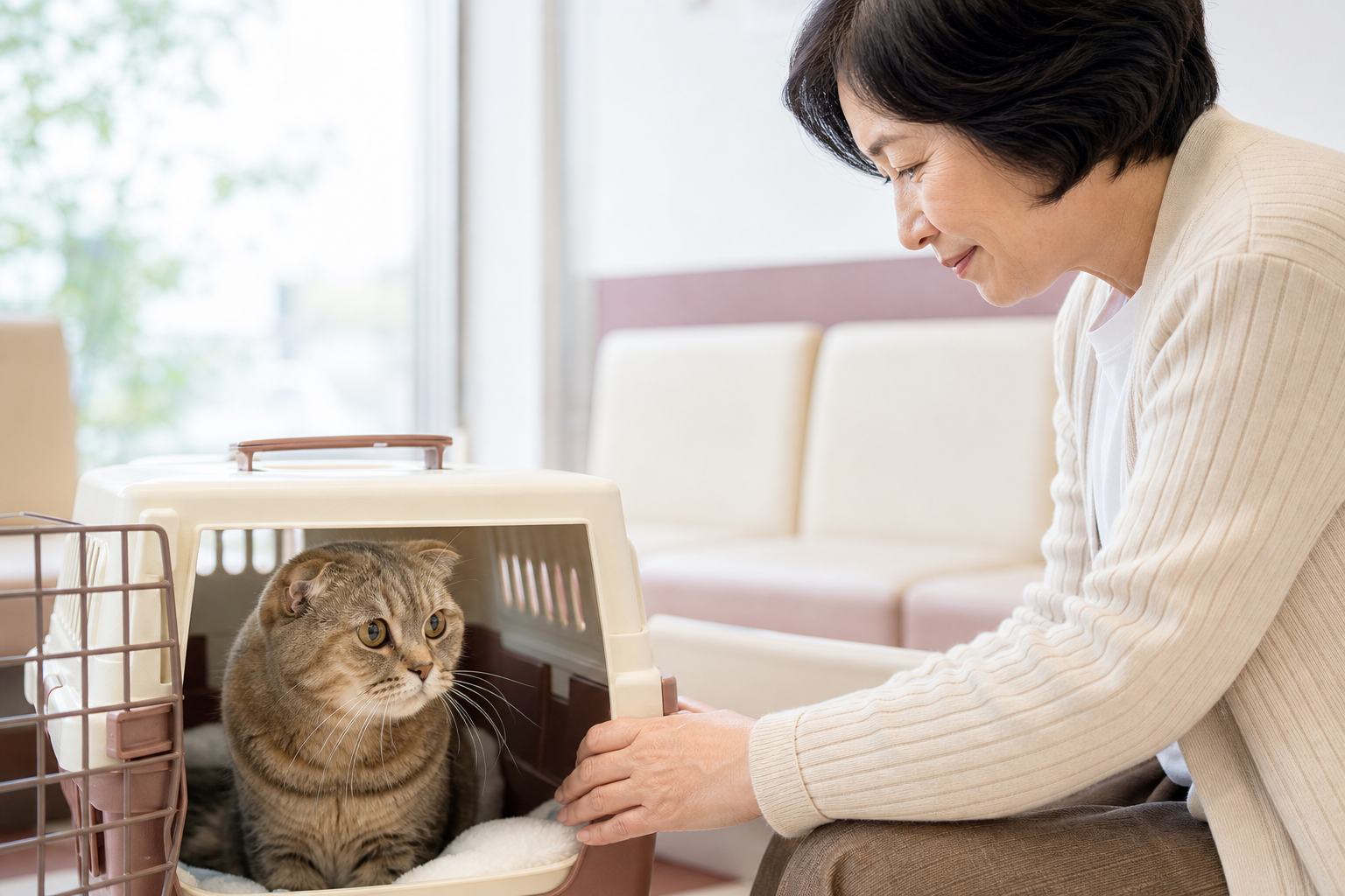 動物病院の待合室で落ち着いて待つシニア猫