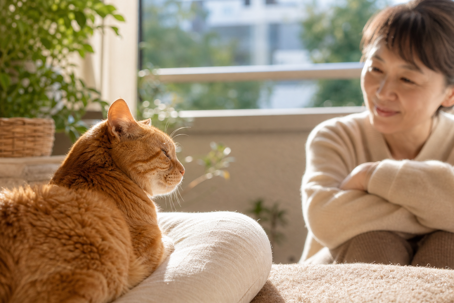 朝の日差しの中で飼い主と過ごすシニア猫